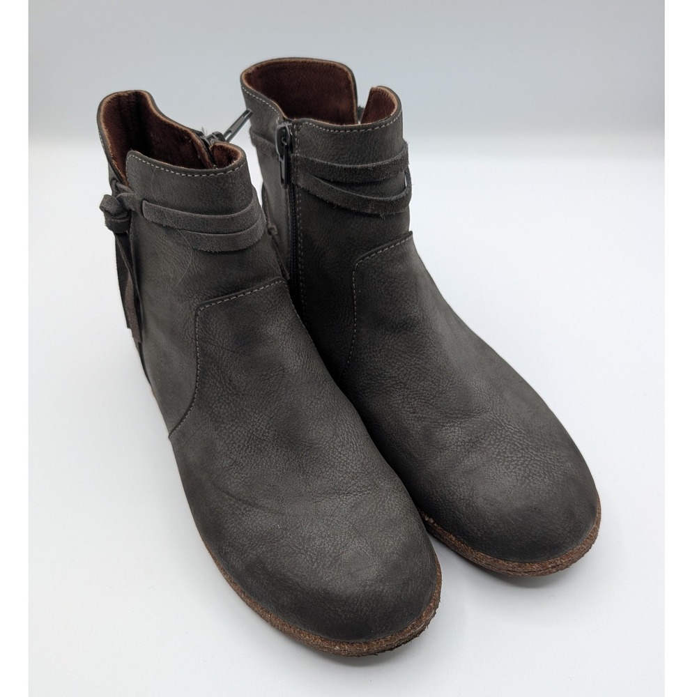 Born Grey Leather Ankle Boots Side Zip Tie Detail Booties F68223 Womens 8.5M